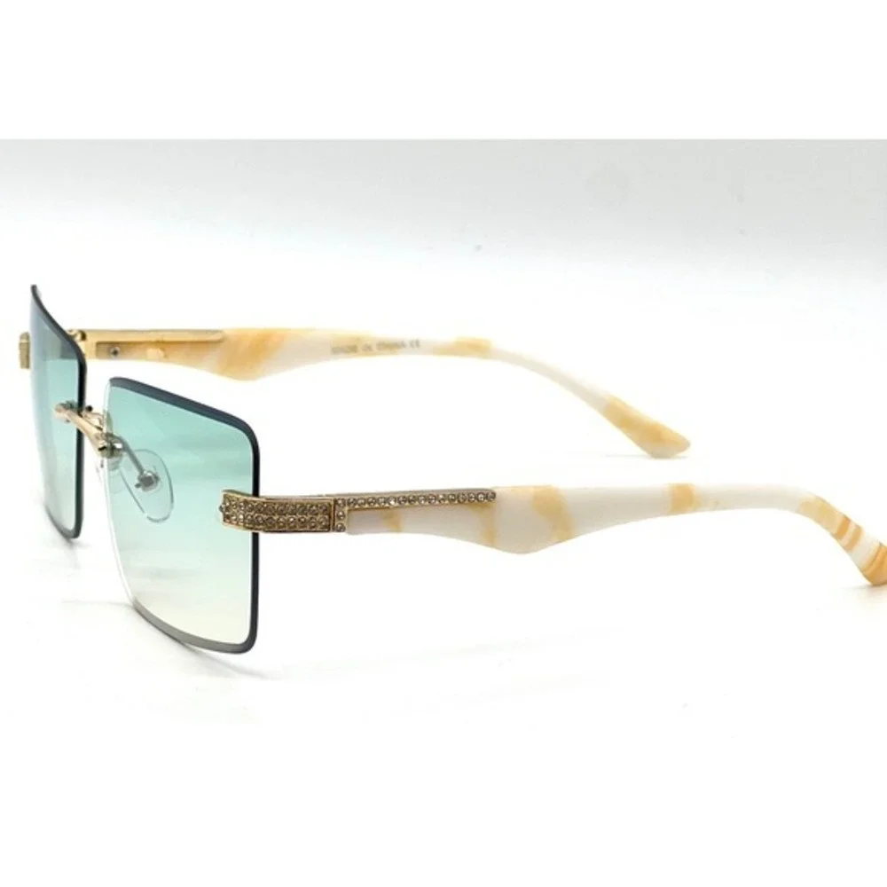 Classic Elegant Sophisticated Modern Women SUNGLASSES Rimless Green Lens Diamond